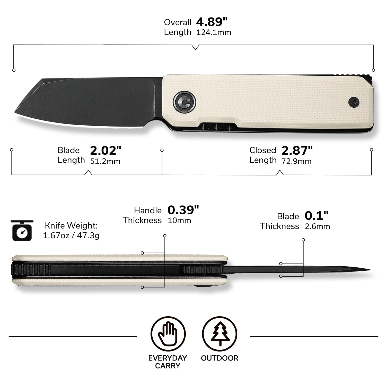 CIVIVI Kukei Small Pocket Knife Folding Knife with 2.02" Black Stonewashed Nitro-V Blade Ivory G10 Handle C25036-3, With 1PC Black Leather Sheath