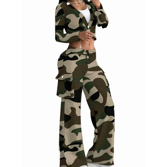 Women'S 2 Piece Casual Outfits Cropped Blazer Jackets High Waisted Wide Leg Work Pants Suit Set Army Green XL