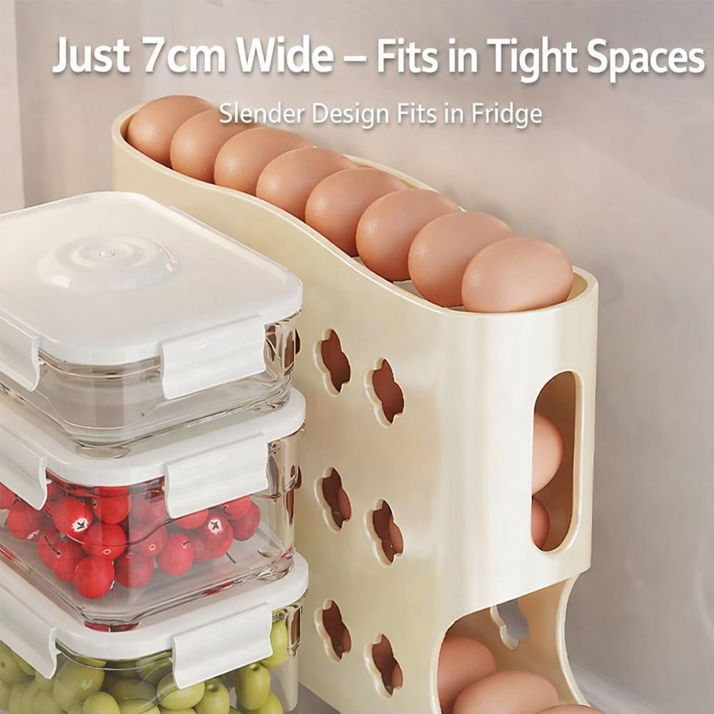 Egg Holder for Fridge, Eggs Dispenser Auto Rolling for 30 Eggs, Space-Saving Egg Organizer Storage Container Tray for Countertop Refrigerator （Yellow, 2PC)
