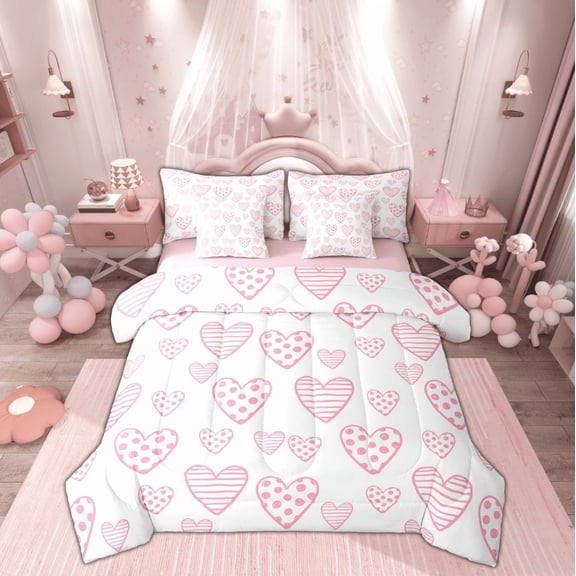 Feelyou Girly Love Heart Twin Bedding Sets 7-Piece, Pink Princess Cartoon Bedding Comforter Set, Teen Kid Girl Boy Reversible Sheet Sets, Luxury Bedroom Decor
