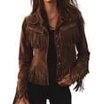 thumbnail image 3 of Jacket Women Vintage Western Cowgirl Style Fringe Button Up Long Sleeve Lapel Faux Suede Jacket Women Brown S, 3 of 7