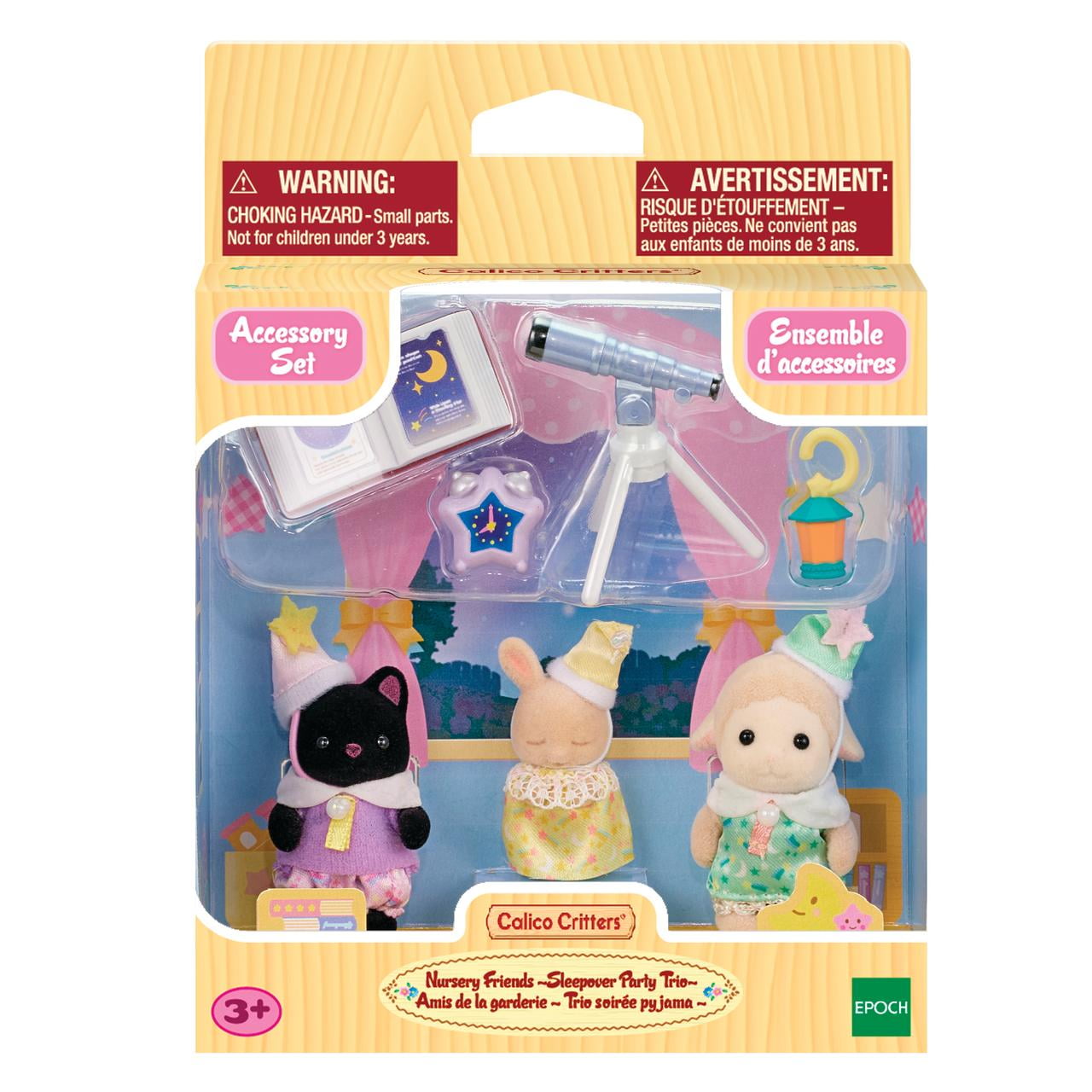 Calico Critters Nursery Friends Sleepover Party Trio, Set of 3 Collectible Doll Figures with Accessories