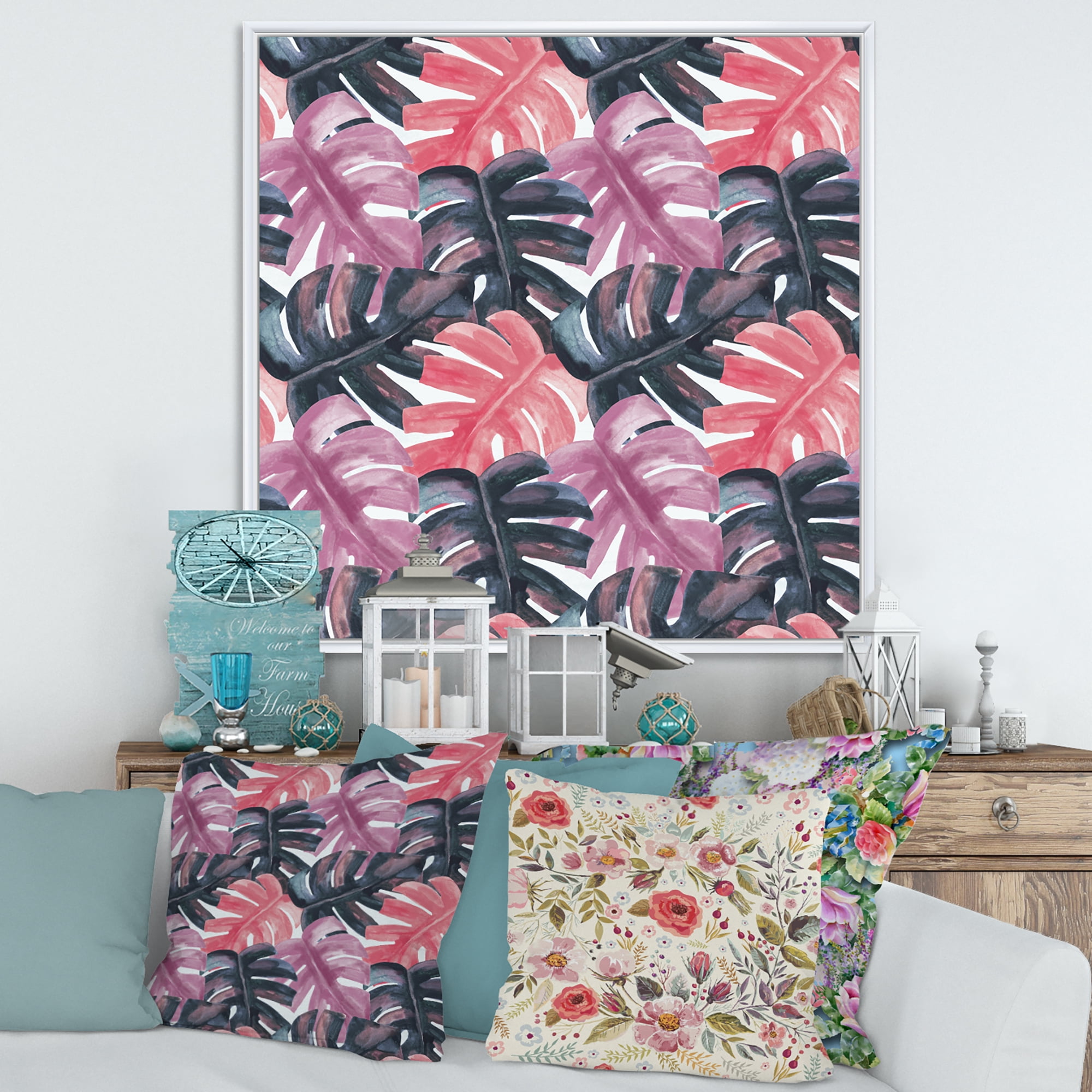 Designart 'Black and Red Monstera On Rough Brush Strokes II' Tropical Framed Canvas Wall Art Print