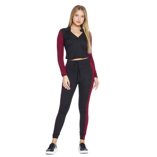 Conjunto Deportivo Mujer 2 Piezas Pantalón Leggins Bicolor Negro Vino Sudadera Manga Larga negro CH INCÃGNITA 360074