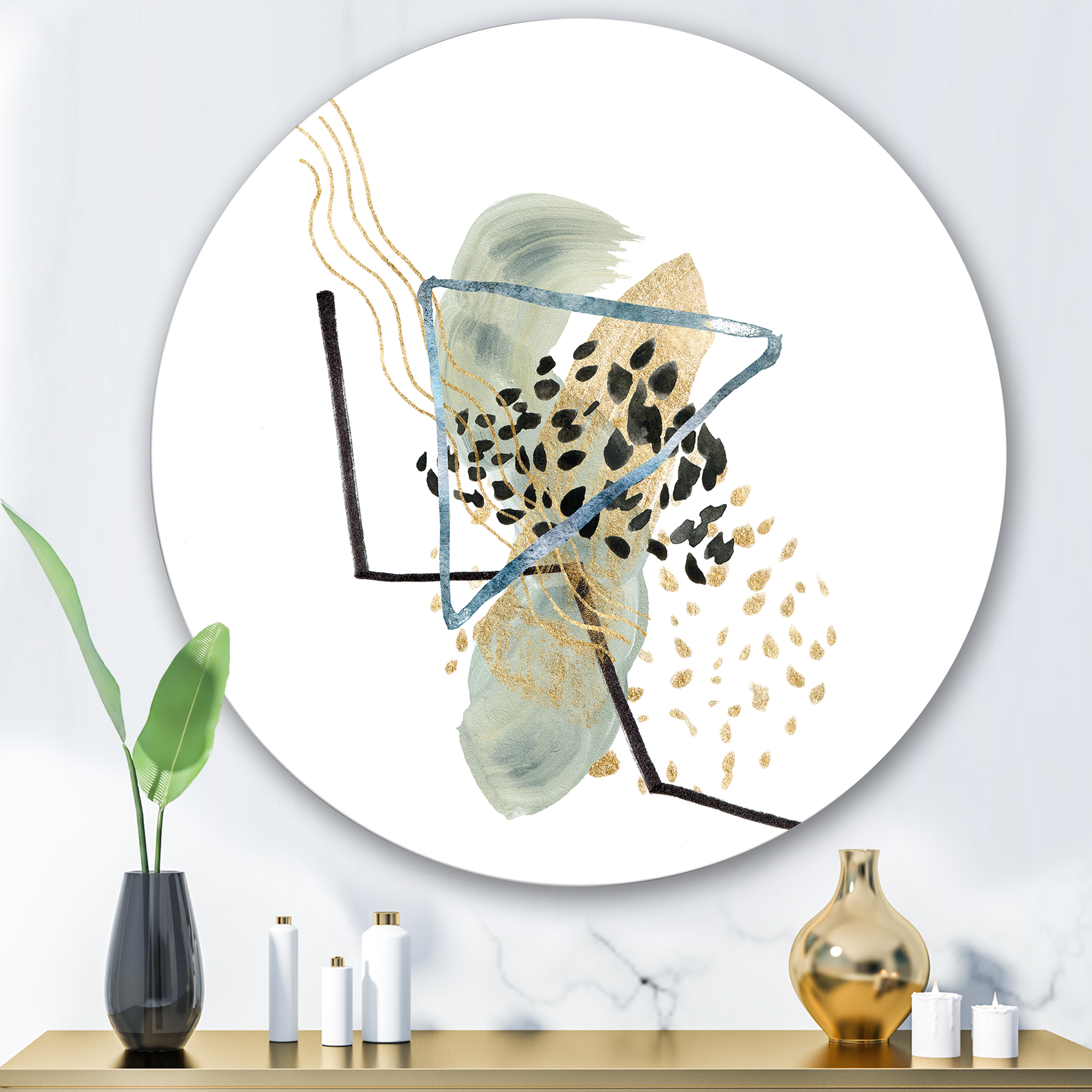 Designart 'Minimalistic Golden Polka Dots and Ink Mountains' Modern Circle Metal Wall Art 29x29 - Disc of 29