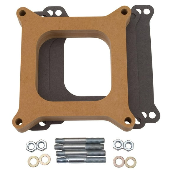 Edelbrock Carburetor Spacer 8720 For Use With Square Bore Flange; Open Center; 1 Inch Thick; Laminate; Wood Fiber; With Gasket; Studs and Washers