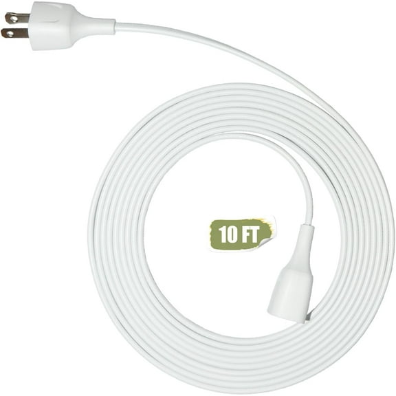 KitchenK 10FT White, Flat and Thin, 2 Prong, 10  ft Extension Cord for Indoor/Outdoor Use with Single Outlet - Ideal for Christmas Lights, Lamps, Cameras, Household Appliances，Model 002 (1 Pack)