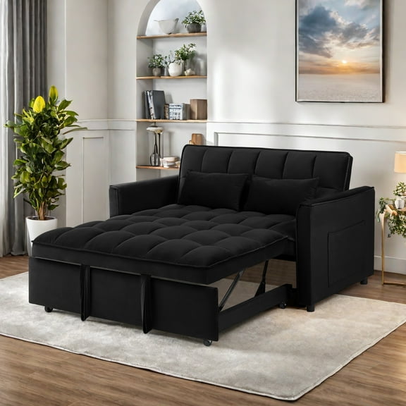 Leumius 3 in 1 Sofa Bed,Convertible Sleeper Sofa with Pull Out Bed,Loveseat Couch with Adjustable Backrest for Living Room,Black