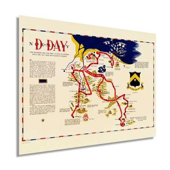 1944 D Day Normandy Map Poster - Vintage Map Wall Art - WW2 Map of the D Day Invasion First 48 Days of Action with 743rd Tank Battalion in France - D Day Poster