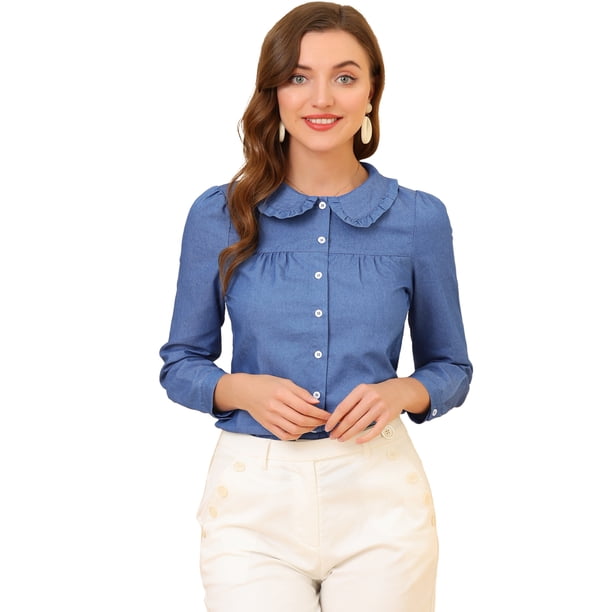 INSPIRE CHIC Blusa De Manga Larga Clásica De Mezclilla Para Mujer Azul L