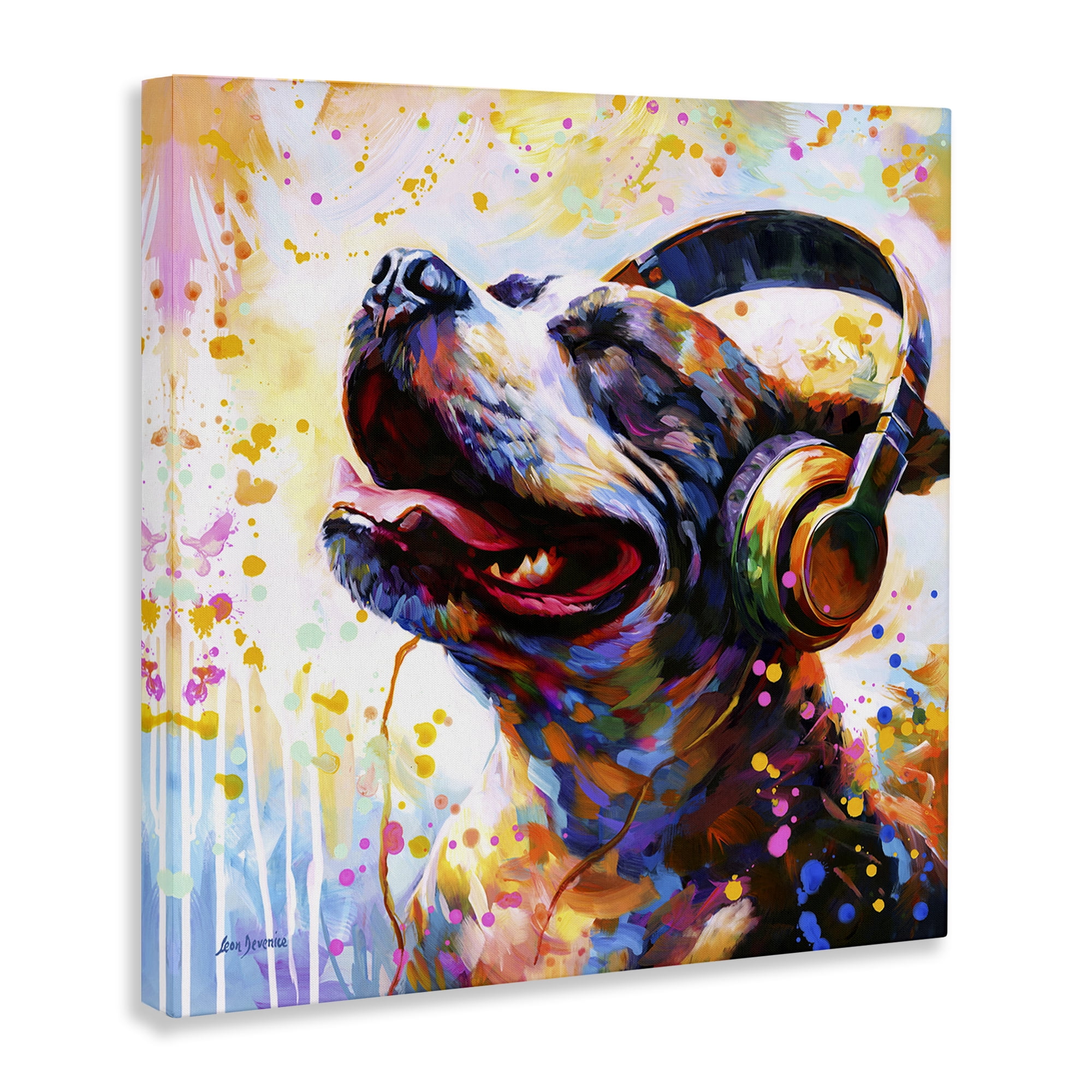 Stupell Industries Happy Dog Headphones Animals Painting