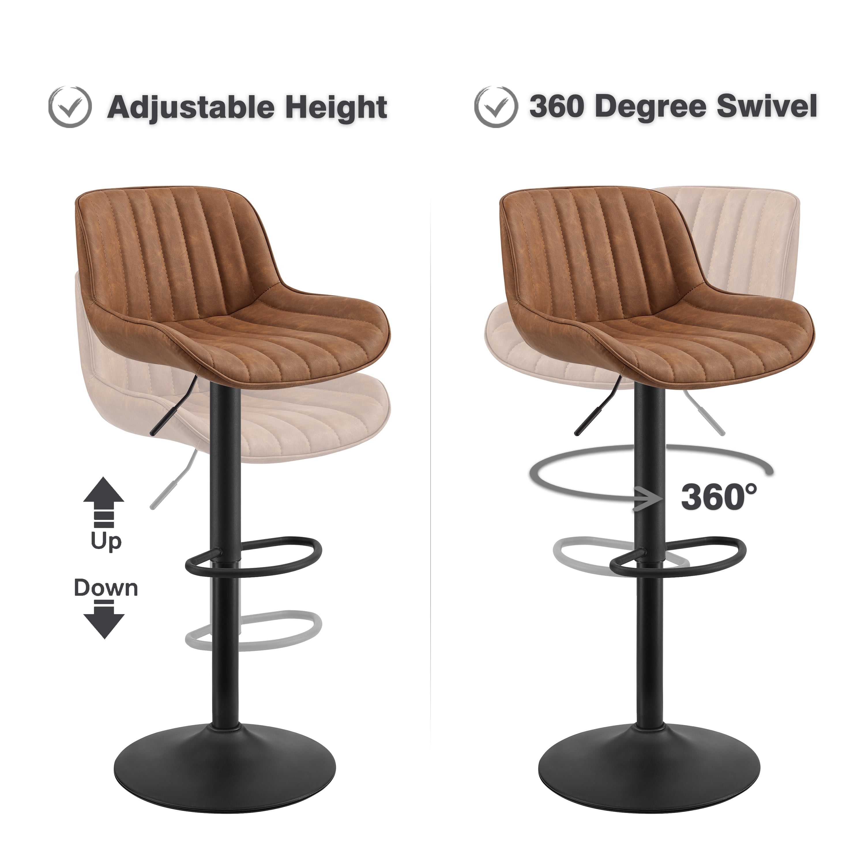 Art Leon Rustic Bar Stools Set of 2, Faux Leather with Backrest Chrome Legs, Upholstered Swivel Kitchen Stools, Yellow Brown