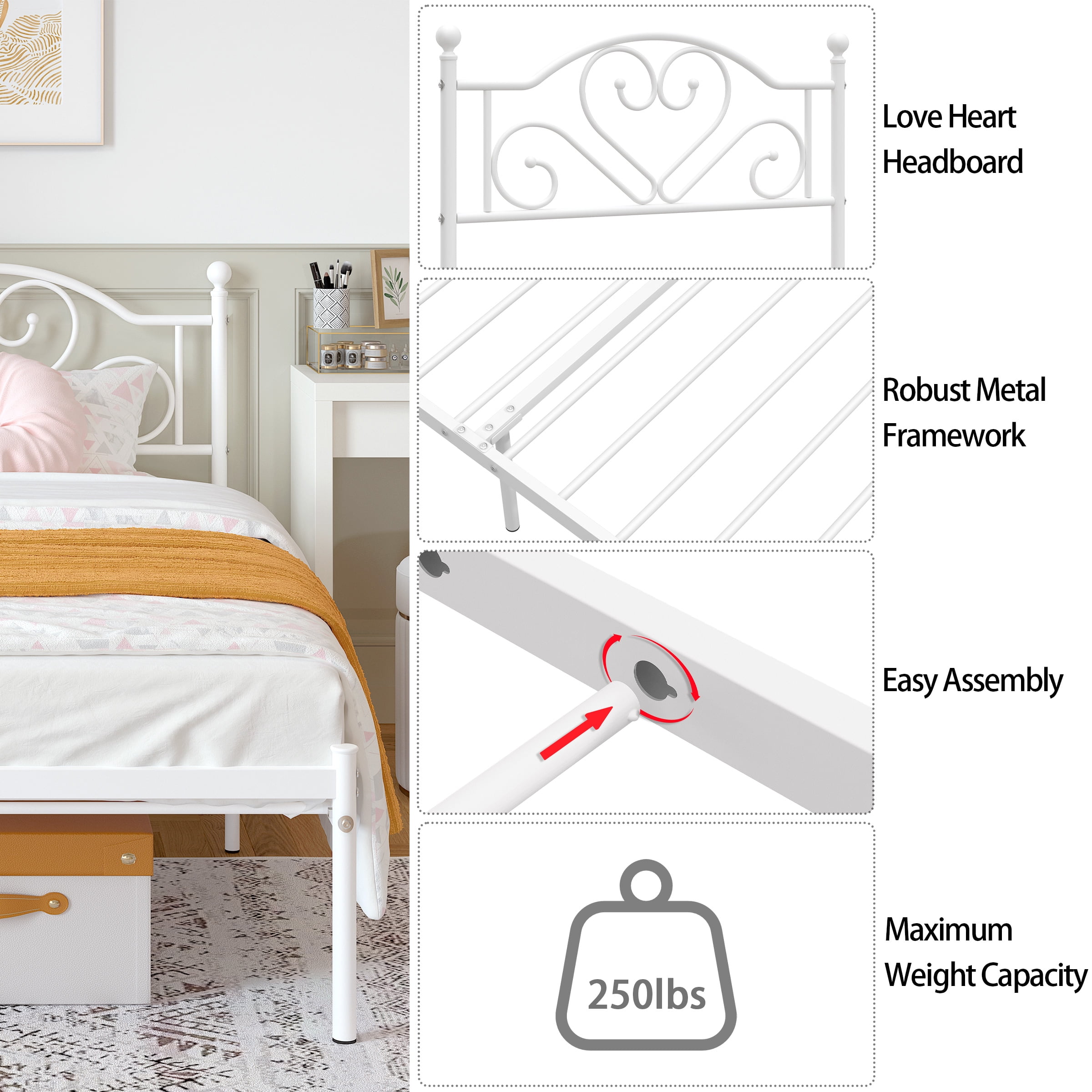 Yoneston 12” Twin Heavy Duty Metal Platform Bed Frame with Love-Heart Shape Headboard for Girls Bedroom Furniture, White