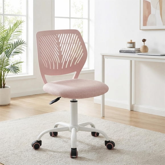 Homy Casa 29.5''-34.2'' Adjustable Swivel Desk Chair, Pink Fabric Seat, White Rolling Base for Kids Study Room
