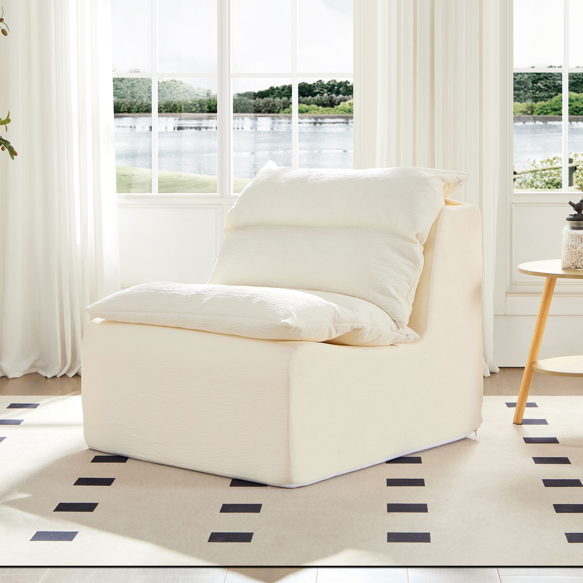 AENKYO Modern Accent Lounge Chair, Comfy Armless Foam Lazy Sofa with Washable Cover, Living Room & Bedroom, Cream White