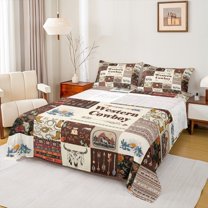 Castle Fairy Western Cowboy 4 Pieces Queen Sheet Sets,Geometric Plaid Ultra Soft Flat Sheet,Tribal Aztec Queen Fitted Sheet,Super Cozy Floral Room Decor