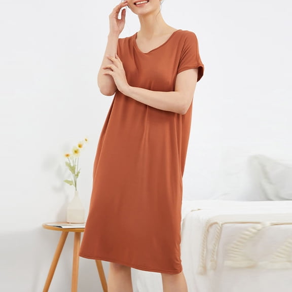 Vmvidoty Womens Flowy 100% Cotton Sleepwear Dress Short Sleeve Maxi Loose Crew Neck Casual Sleepshirt Brown M
