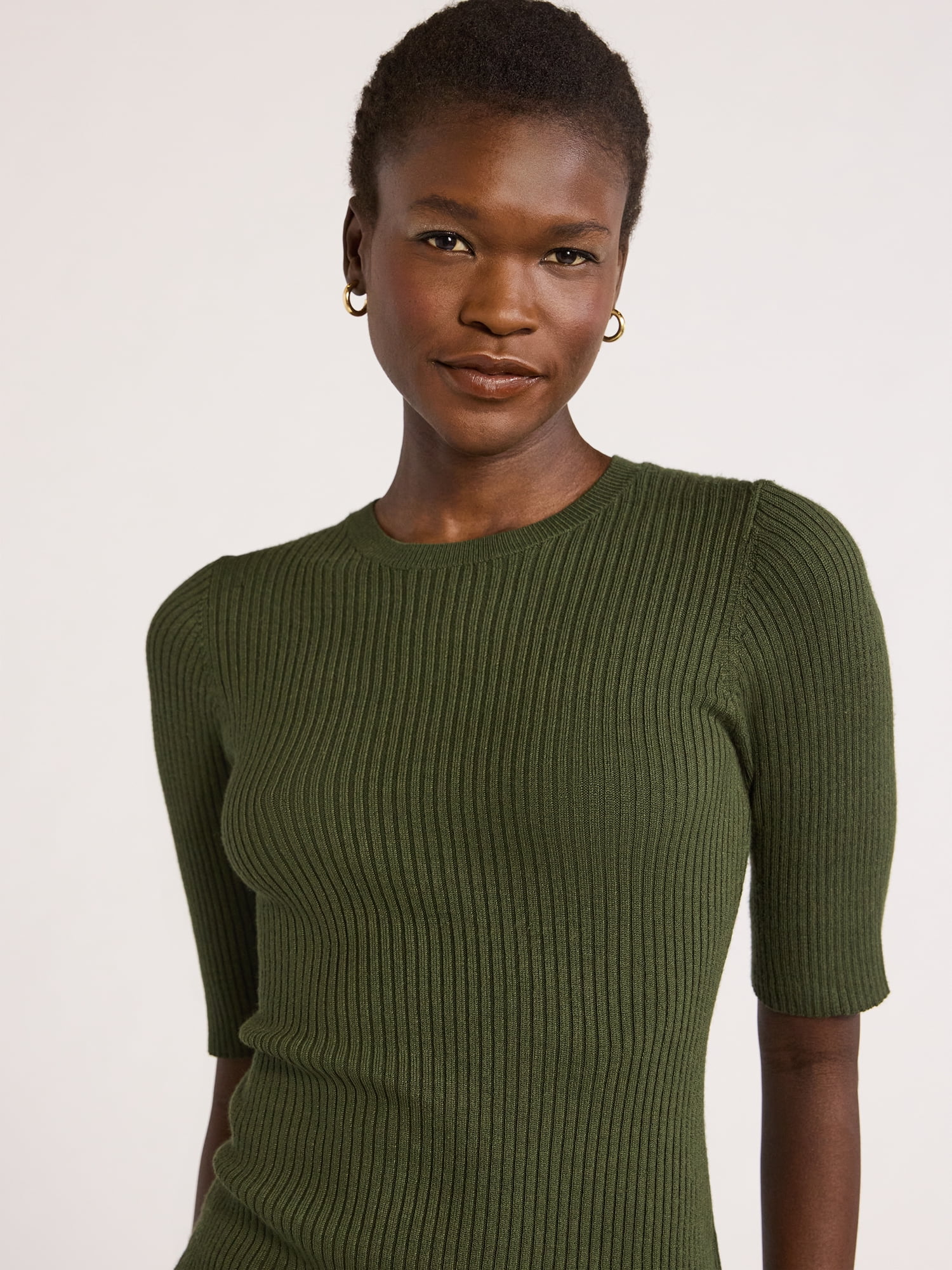 Scoop Women's and Women's Plus Rib Knit Sweater with Elbow Length Sleeves, Lightweight, Sizes XS-4X