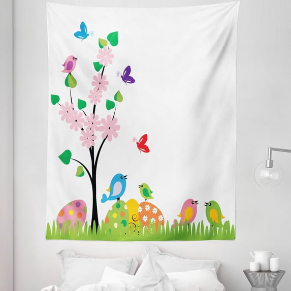 Easter Tapestry, Spring Illustration with Abstract Flourishing Tree Leaves and Flowers Animal Pattern, Fabric Wall Hanging Decor for Bedroom Living Room Dorm, 5 Sizes, Multicolor, by Ambesonne