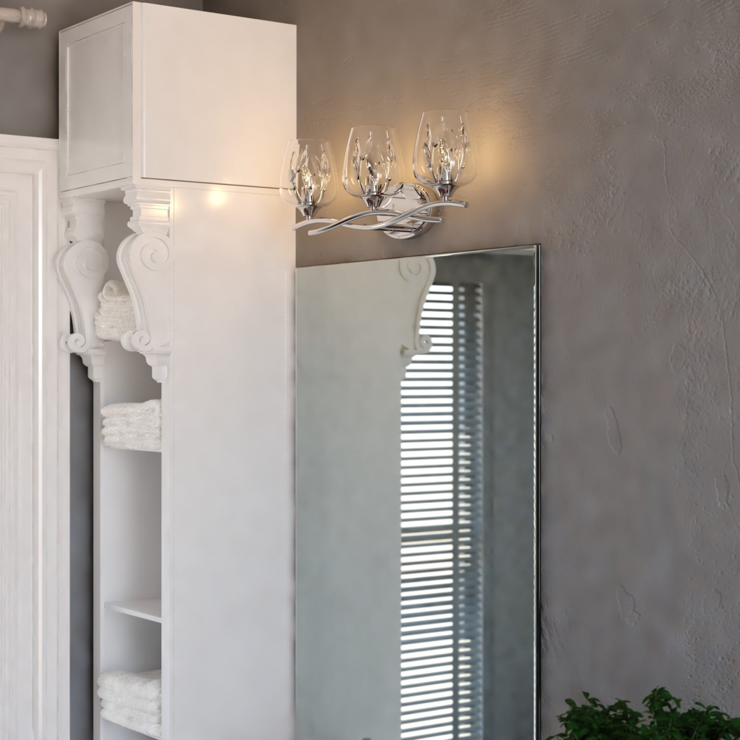 Wilmette 3-Light 24 in. Wide Chrome Modern Glam Bathroom Vanity Lighting Fixture, Clear Goblet Glass Shade with Crystal Accents, Dimmable, LED Compatible, Over the Mirror Mounted Metal Wall Sconce