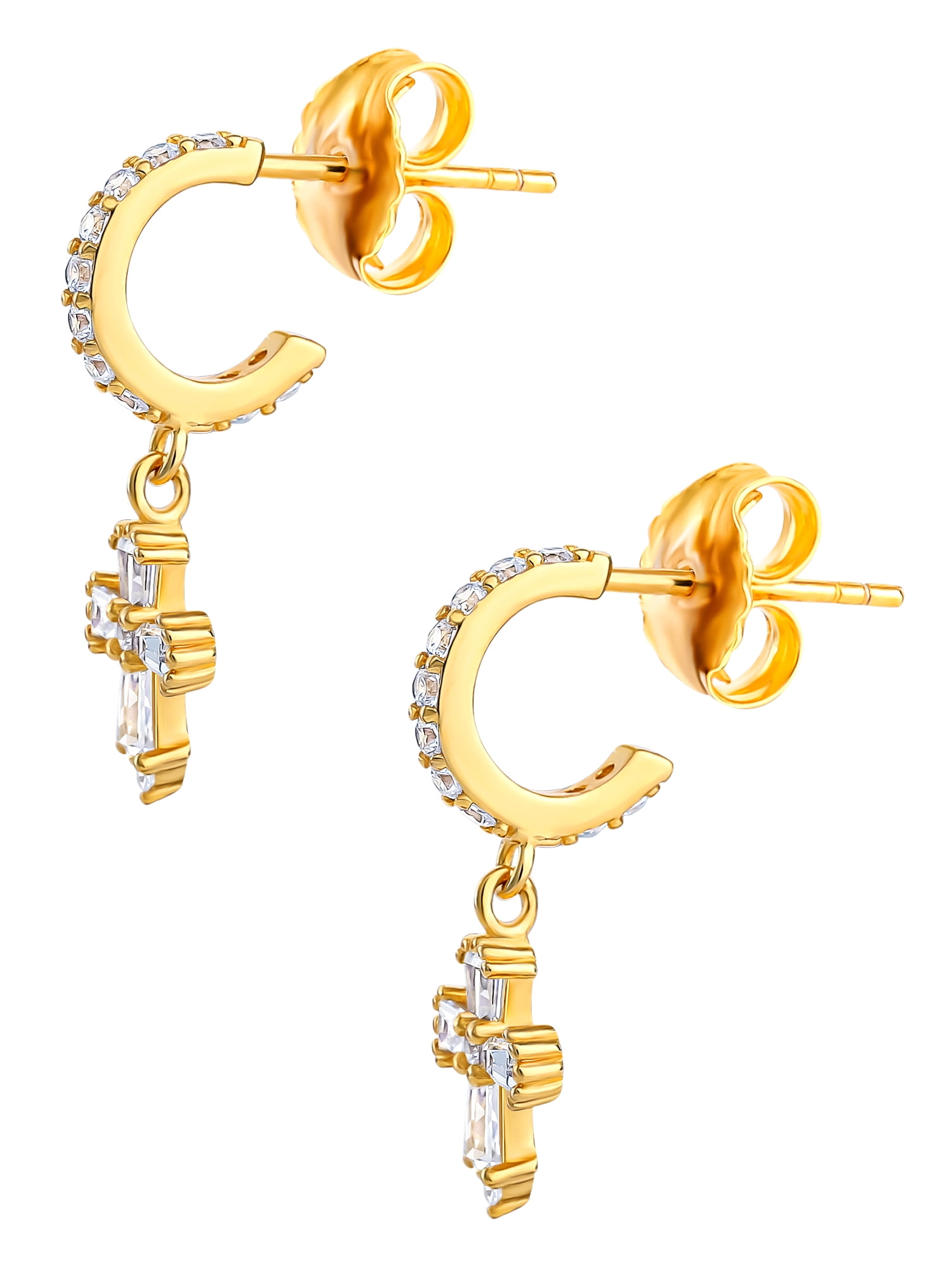 JS Jessica Simpson Women’s Sterling Silver 14KT Gold Plated Cubic Zirconia Cross Drop Earring