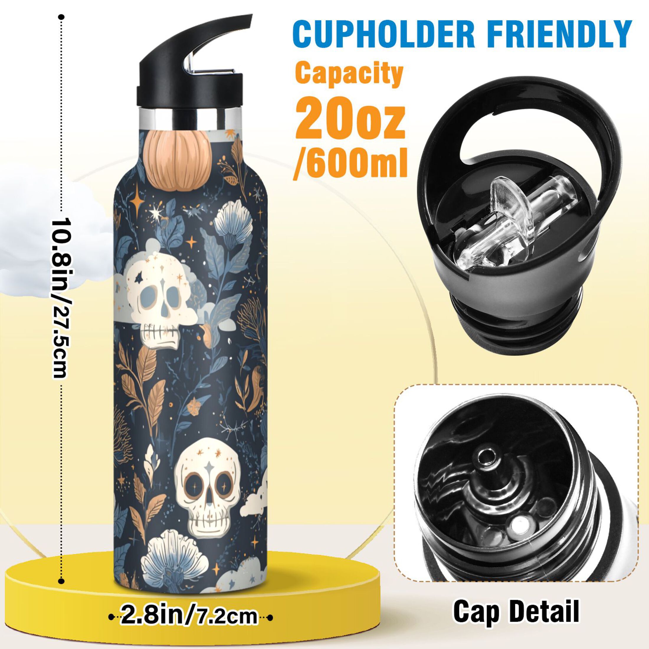 600ML Stainless Steel Insulated Cup Sports Water Bottle Portable Thermos Cup Water Glasses Insulated Tumblers Convenient and Durable Halloween Skeleton
