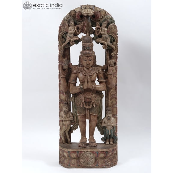 48" Large Standing Lord Shiva in Namaskar Mudra | Wood Carved Statue