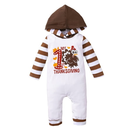 

Frobukio Newborn Infant Baby Boys Girls Thanksgiving Day Clothes Long Sleeve Hooded Turkey Print Jumpsuit White 6-9 Months