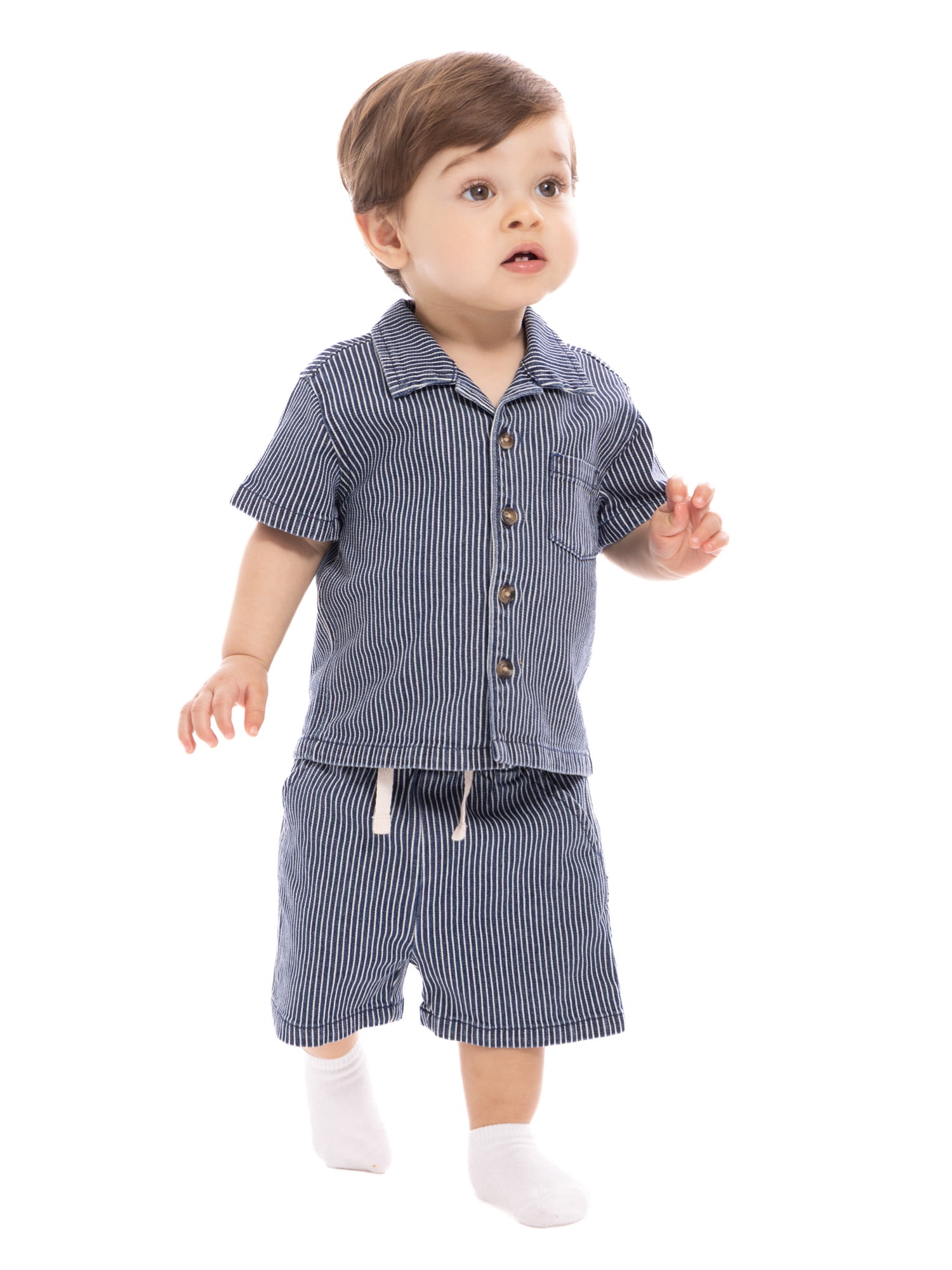 Wonder Nation Baby Boys Short Sleeve Striped Collared Button Top and Matching Shorts Set, Sizes 0/2M-24M