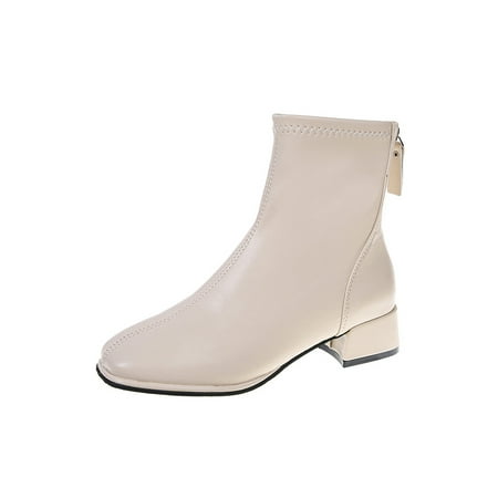 

Kesitin Women s Fashion Short Ankle Boots Low Mid Block Heel Winter Boots Patent Leather PU Back Zipper Snow Booties Shoes Beige 8.5
