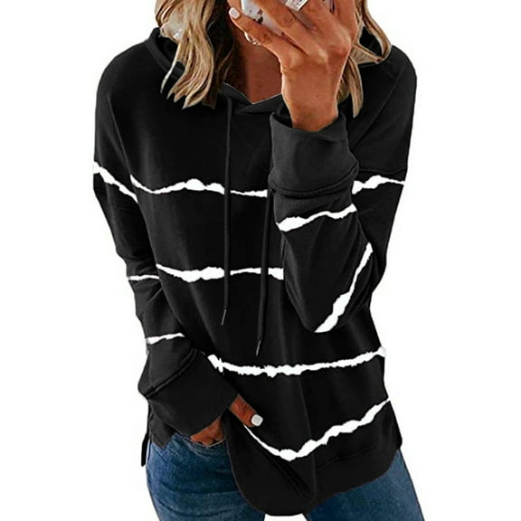 Turilly Women's Fashion Casual Stripe Print Hooded Long Sleeve Loose T Shirt Tops