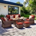 thumbnail image 2 of MEISSALIVVE 6 Pieces Patio Furniture Set with Dining Table, Outdoor Wicker Conversation Set with Fixed Chairs, Wicker Armrest, 2 Ottomans, Red, 2 of 8