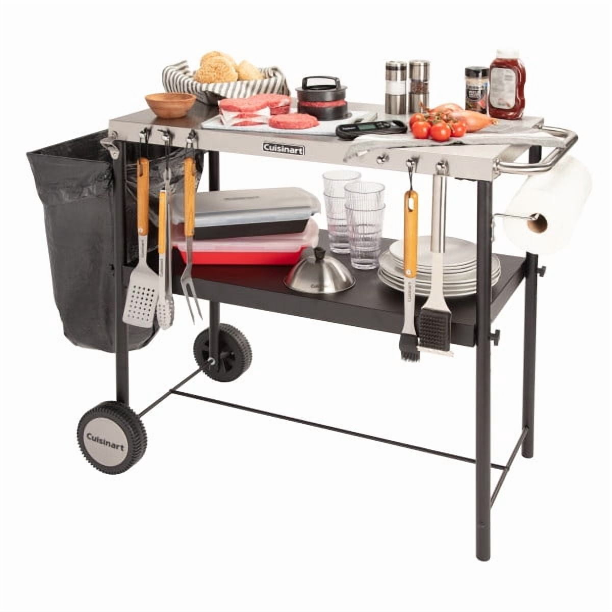 Cuisinart Outdoor BBQ Prep Cart, Stainless Steel Portable Grill Table with Wheels, Grill Cart with Adjustable Storage Shelf, Tool Hooks, Trash Bag & Paper Towel Holder