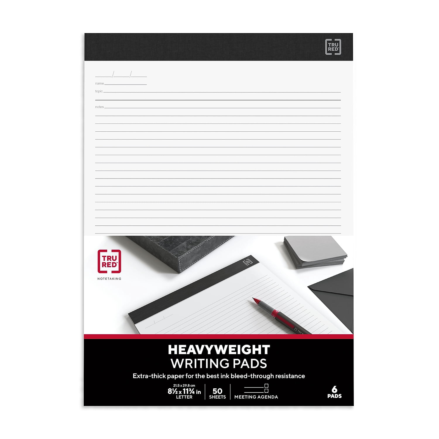 Staples TRU RED Notepads 8.5" x 11.75" Meeting Agenda Format Ruled White 50 Sheets/Pad 12/Carton