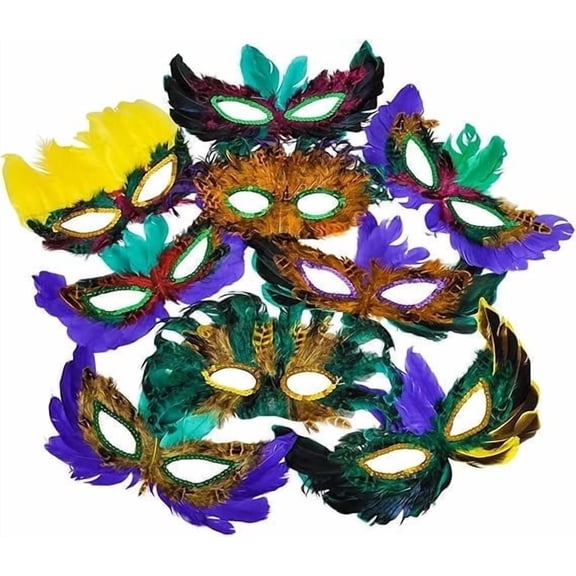 4E's Novelty Mardi Gras Masks 12 Pack with Feathers