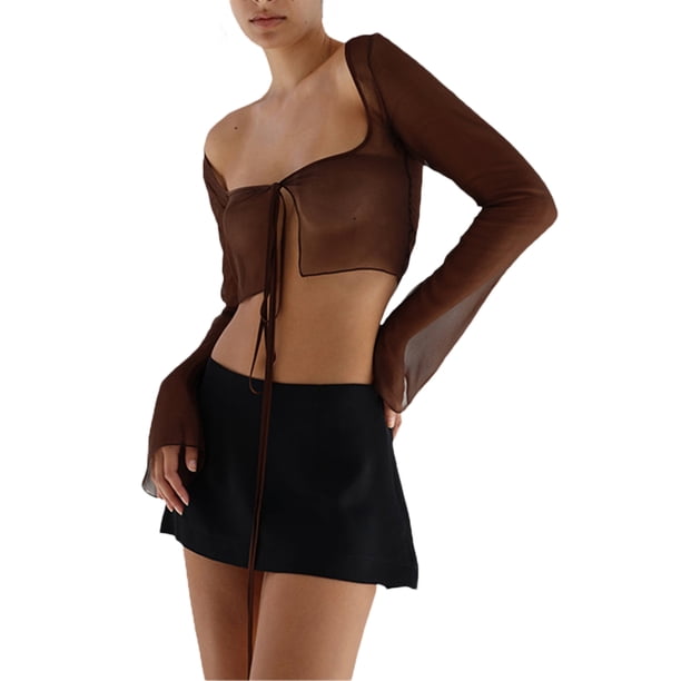 SAYOO - Camiseta de manga larga para mujer, color sólido, con amarre, de malla, transparente SAYOO Moda