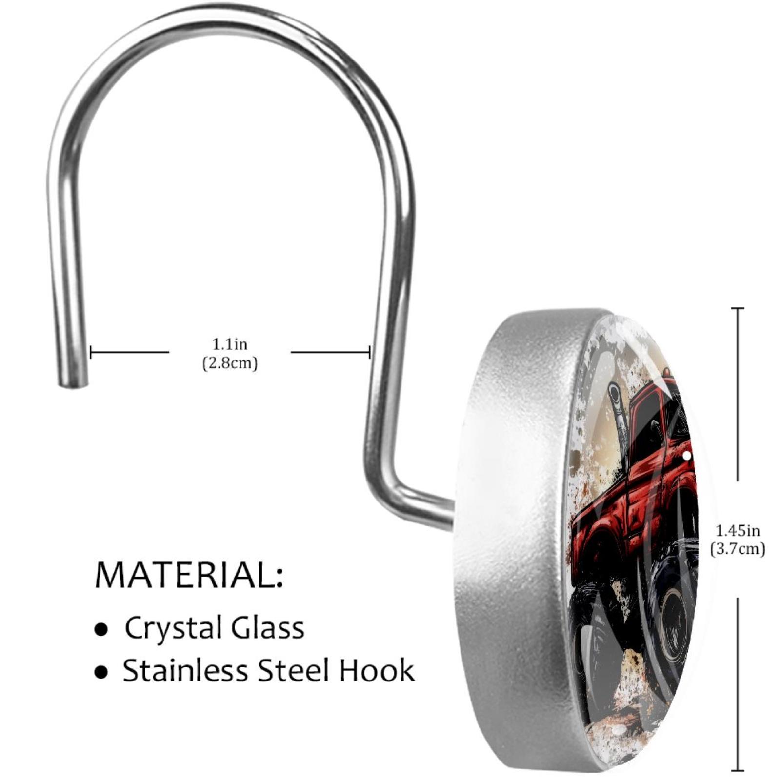 Watercolor Red Monster Car Shower Curtain Hooks Round Crystal Glass, Set of 12 Shower Curtain Rings - Shower Hooks for Curtain Shower Rings