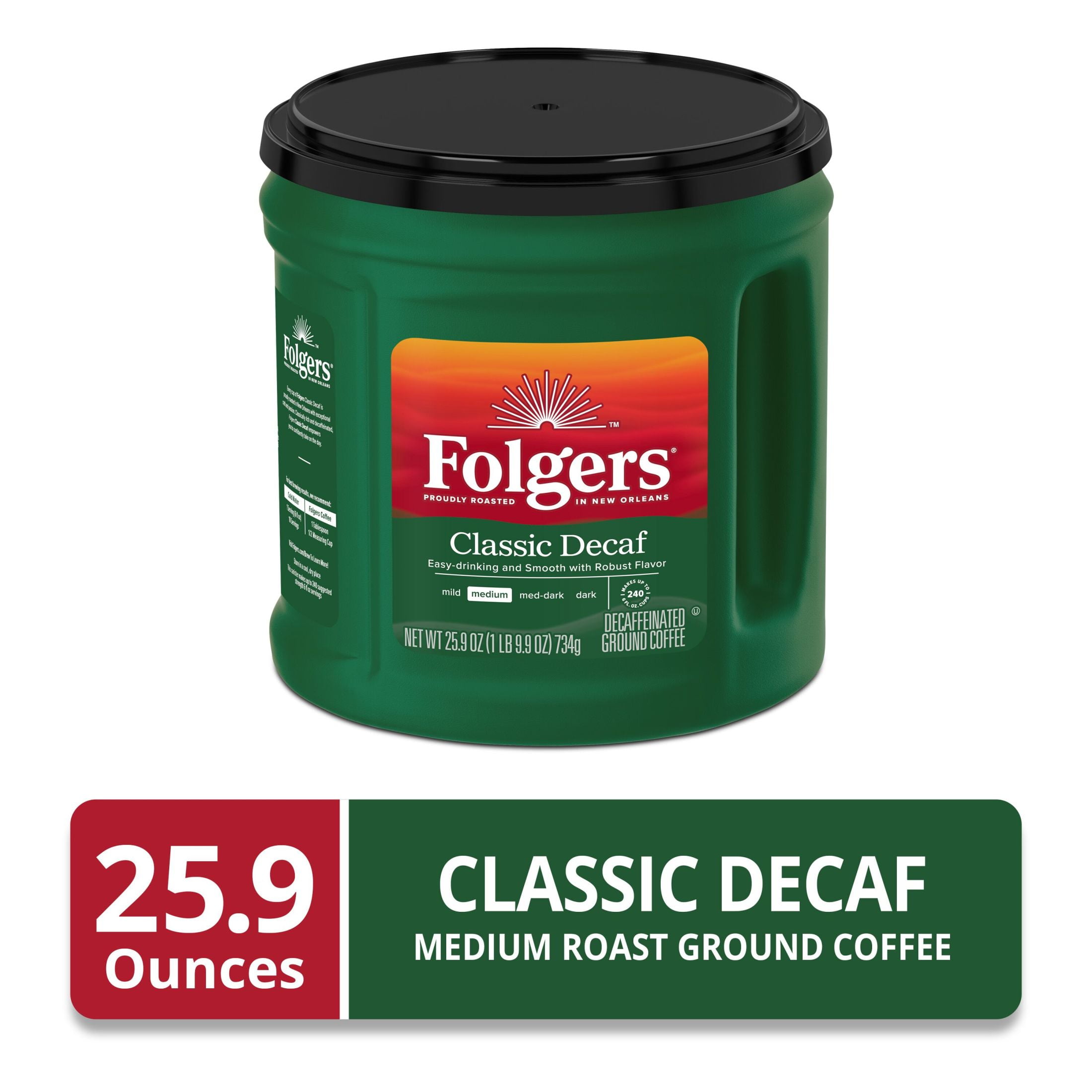 Folgers Classic Decaf Ground Coffee, Medium Roast, 25.9 oz Canister