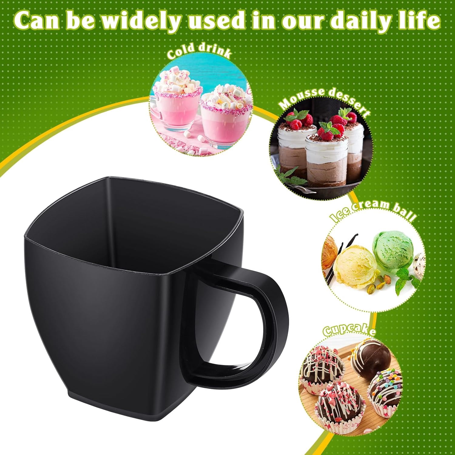 5 oz Disposable Tea Cups Bulk Mini Plastic Tea Cup Bulk with Handle Hard Coffee Mug Reusable Square Espresso Mugs for Party Wedding (Black,100 Pcs)