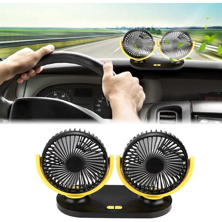 12V Dual-Head Car Fan, 360° Rotating USB Air Circulation Car Fans with 3 Adjustable Speeds, Powerful Airflow, Adjustable Angle, Portable Cooling Fan for Car, Truck, SUV, RV, Cart