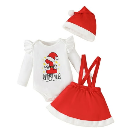 

Dr.Eam Newborn Newborn Infant Baby Girls 3Pcs Skirt Sets Flying Sleeve My 1St Christmas Xmas Romper Christmas Xmas Red Suspender Skirt Hat Outfits Set Cute Funny Festival Gifts Red 0 M-3 M