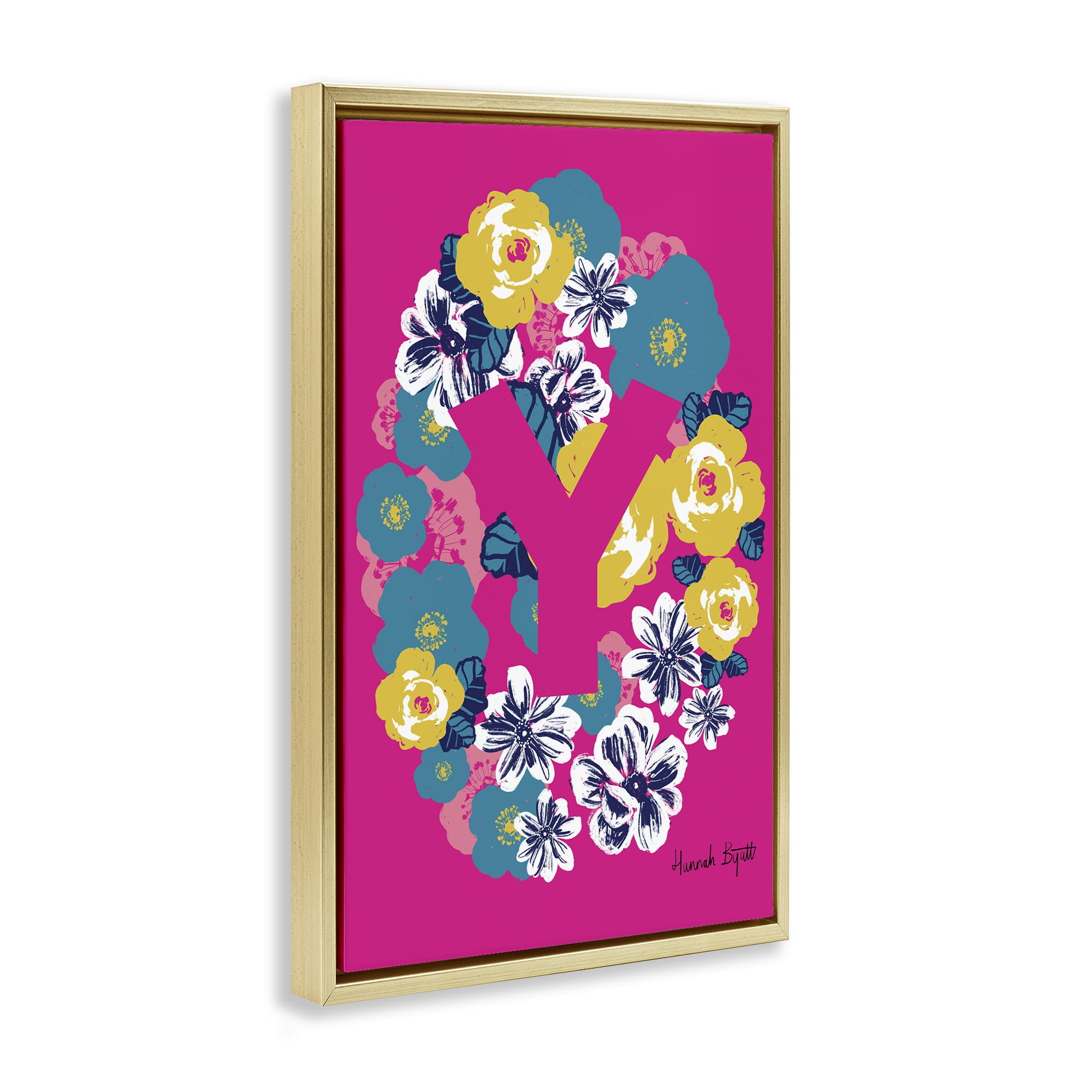 Stupell Industries Floral Bloom Letter Y Botanical & Floral Painting Gold Floater Framed Art Print Wall Art, 17 x 25
