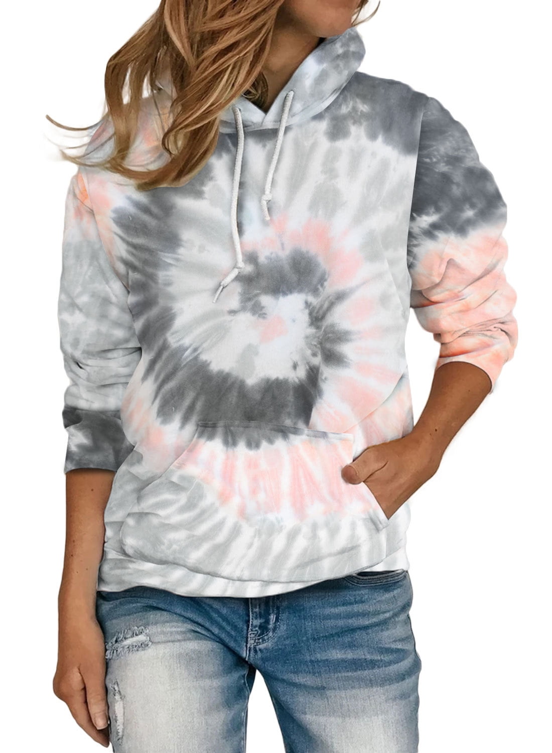 Asvivid Women's Tie Dye Print Hoodie Pullover Long Sleeve Drawstring Sweatshirt Color Block Hooded Tops with Pocket
