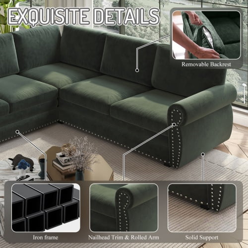 118" L-Shaped Sectional Sleeper Sofa with King Size Pull-Out Bed, Chenille Upholstered, Nailhead Trim & Rolled Arms, Green