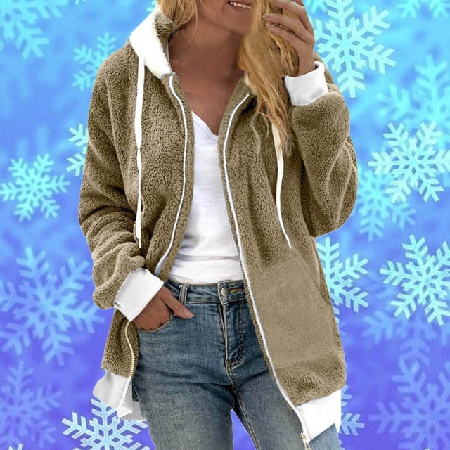 Qertyioot Hauts d'Hiver à Capuche pour Femmes, Mode Fermeture Éclair Col en V Pull à Manches Longues Blouse Chandail en Molleton