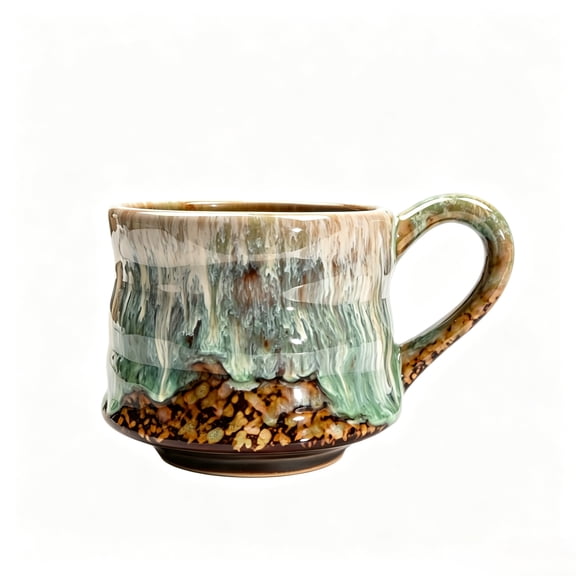 LUMLO 10 Fl Oz Handcrafted Ceramic Coffee Mug, Flowing Kiln Glaze in Green & Brown Tones, Wavy Textured Drinking Mug with Curved Handle, Unique Handmade Tableware for Home, Office & Gift