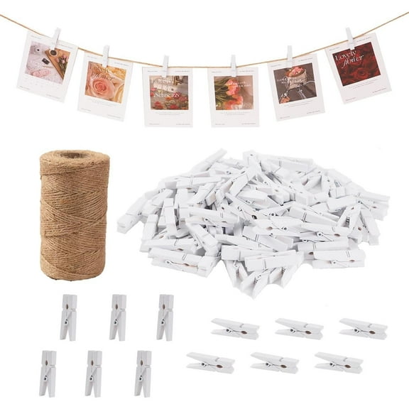 100Pcs Mini Wooden Photo Display Clips with 328ft Jute Twine - Clothes pins for Hanging Pictures, Crafts, Wall Art, Showers (1.4 Inch, White Decor Frames board home vintage Gift Set