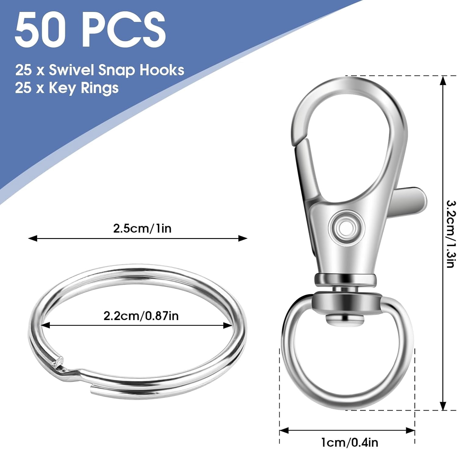 50 PCS in 25 Sets, Metal Swivel Lobster Claw Clasps, Keychain Clip with Large Key Ring, Premium Keychains Clips, Snap Hooks and Sturdy Key Rings, for Key Chain Making Kit，