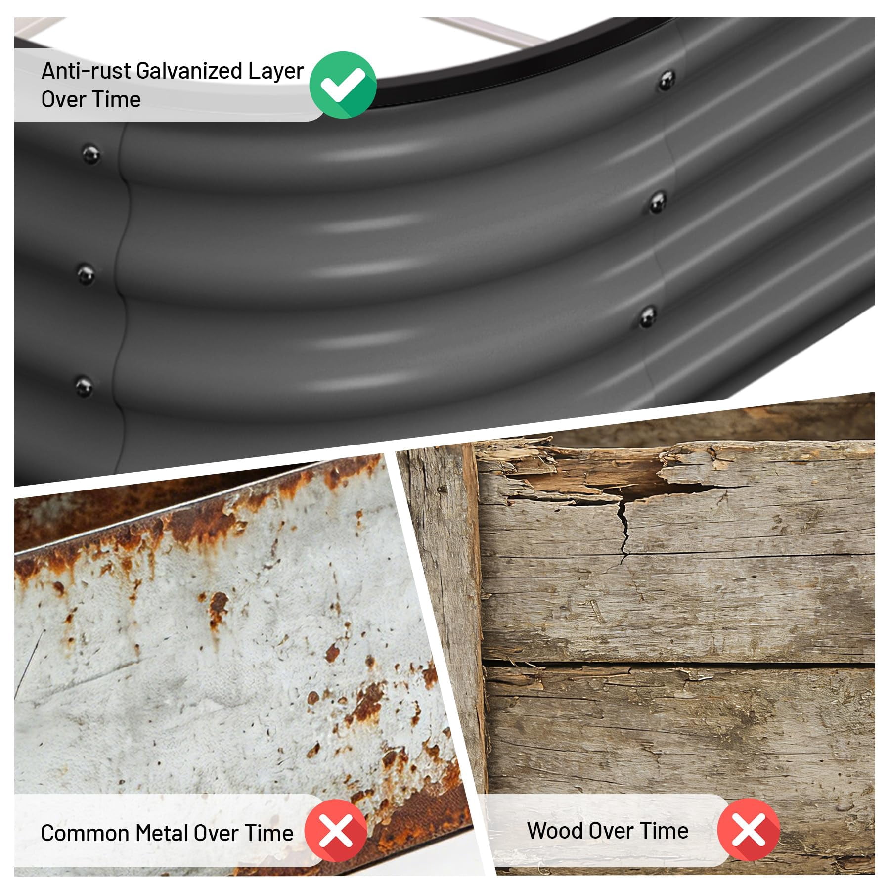 2 Pcs Galvanized Raised Garden Bed, Raised Garden Beds Outdoor, Oval Planter Raised Beds with Gloves and Rubber Edge Trim for Vegetables, Flowers and Herbs, 4x2x1 FT, Dark Grey