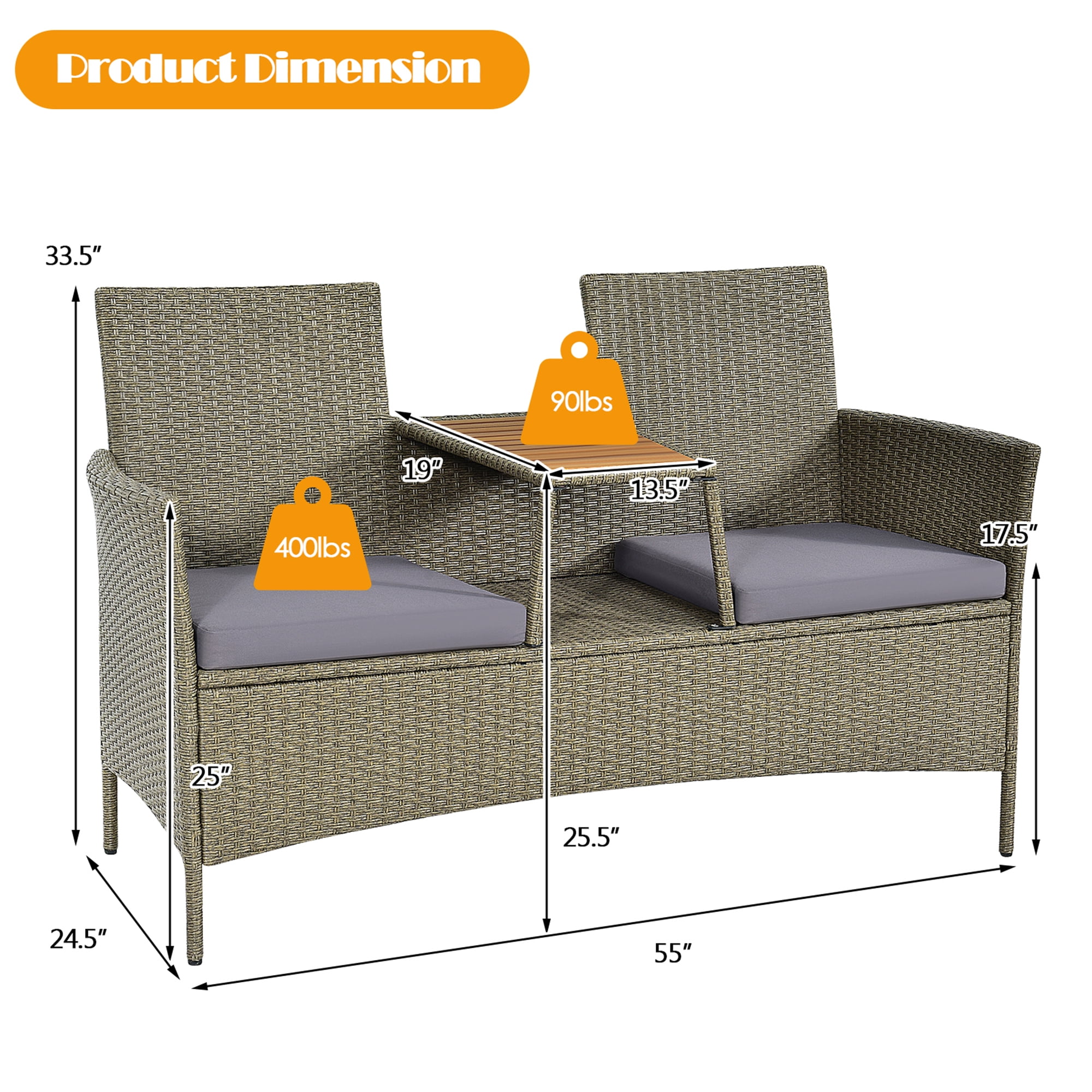 Gymax Patio Rattan Loveseat Outdoor 2-Person Conversation Set w/ Built-in Table